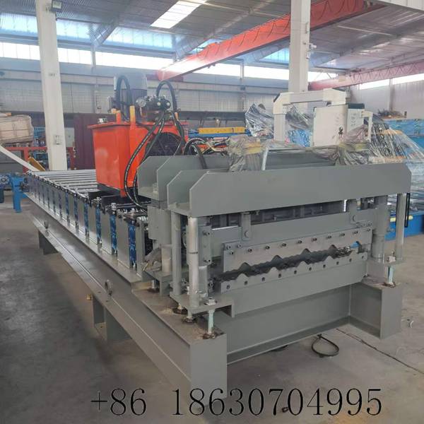 Reinforced glazed tile roll forming machine side view showing the 1-inch chain drive transmission and individual bearing pedestals for each forming row