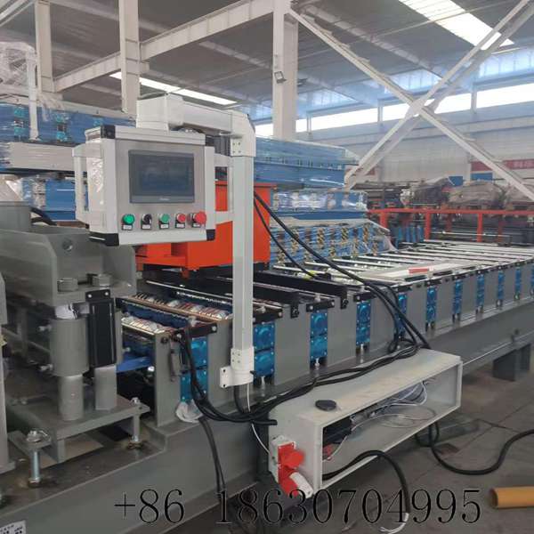 Industrial PLC control system touch screen interface for setting glazed tile step distance, quantity, and batch length with multi-language support
