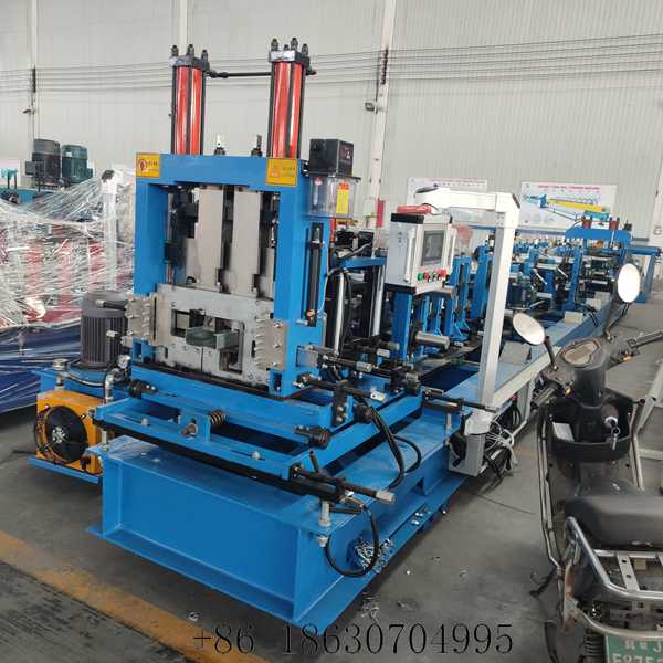 Front view of the full automatic C and Z purlin roll former with its hydraulic punching and cutting head