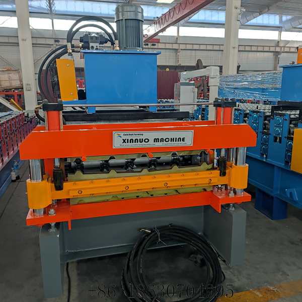 Front view of the 840+840 double layer metal roof panel roll forming machine line at the discharge end