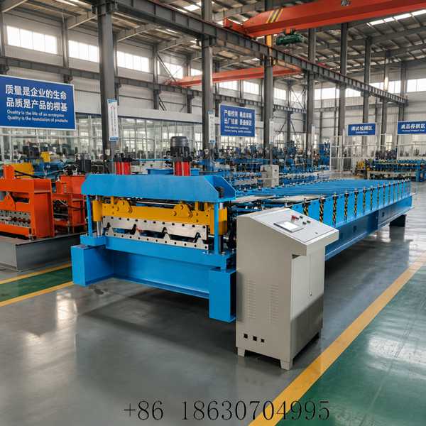 Front view of 1000 trapezoidal metal roof panel forming machine in workshop